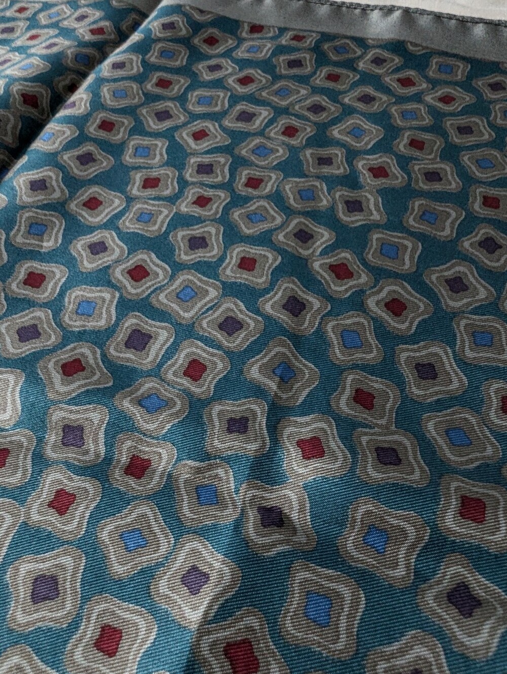 100% Silk Pocket Square - Made in Italy - Teal & Burgundy Geometric